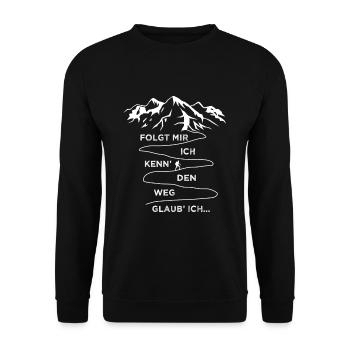 Folgt mir ich kenn den Weg Lustiger Wander Spruch - Unisex Pullover - Schwarz - Vorne - Alina (178cm) & Michal (187cm)