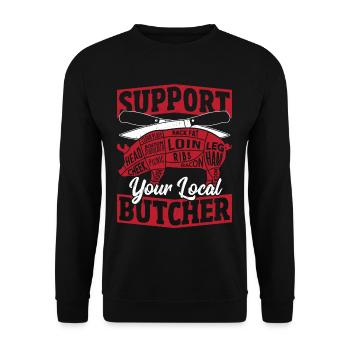 Support Your Local Butcher Slaughter - Unisex Pullover - Schwarz - Vorne - Alina (178cm) & Michal (187cm)