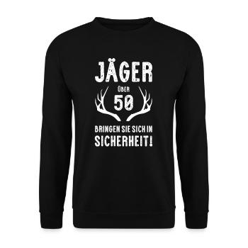 Jäger über 50 I Motiv für Jäger & Weidmann zum - Unisex Pullover - Schwarz - Vorne - Alina (178cm) & Michal (187cm)