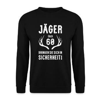 Jäger über 60 I Motiv für Jäger & Weidmann zum - Unisex Pullover - Schwarz - Vorne - Alina (178cm) & Michal (187cm)