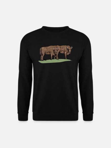 Wisent I Bison Wildrind Motiv mit Büffel und Kalb - Unisex Pullover - Schwarz