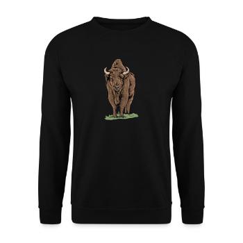 Wisent I Bison Wildrind Motiv mit Büffel und Kalb - Unisex Pullover - Schwarz - Vorne - Alina (178cm) & Michal (187cm)