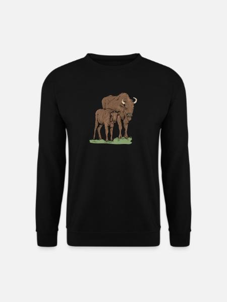 Wisent I Bison Wildrind Motiv mit Büffel und Kalb - Unisex Pullover - Schwarz