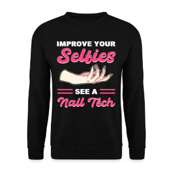 Verbessern Sie Ihre Selfies mit einem Nail Tech - Unisex Pullover - Schwarz - Vorne - Alina (178cm) & Michal (187cm)
