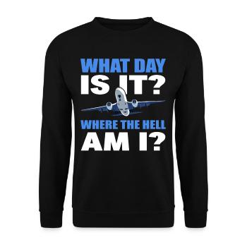 Welcher Tag ist es und wo zum Teufel bin ich - Unisex Pullover - Schwarz - Vorne - Alina (178cm) & Michal (187cm)