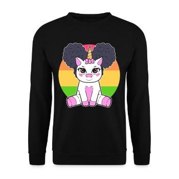 Schwarzes Mädchen Niedliches Einhorn Afro Haar - Unisex Pullover - Schwarz - Vorne - Alina (178cm) & Michal (187cm)