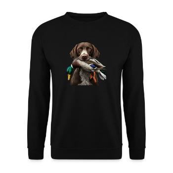 Deutsch Langhaar I Jagdhund Vorstehhund Motiv für - Unisex Pullover - Schwarz - Vorne - Alina (178cm) & Michal (187cm)