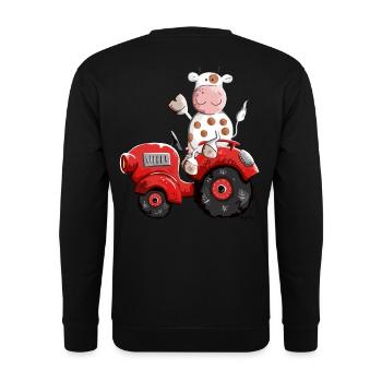 Kuh fährt Traktor - Unisex Pullover - Schwarz - Hinten - Alina (178cm)