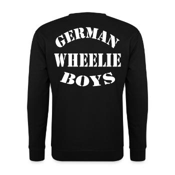 German Wheelie Boys Bike Stunts Design - Unisex Pullover - Schwarz - Hinten - Alina (178cm)