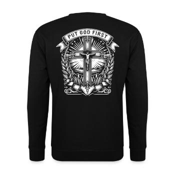 PUT GOD FIRST in Banderole Jesus Cross - Unisex Sweatshirt - black - Back - Alina (178cm)