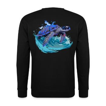 Meeresschildkröte surft auf Welle - Unisex Pullover - Schwarz - Hinten - Alina (178cm)