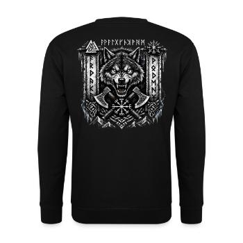 Fenrir Wolf mit Runen und Äxten – Noventra - Unisex Pullover - Schwarz - Hinten - Michal (187cm)