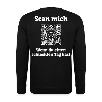 QR-Code mit freundlicher Botschaft (Scanne Mich) - Unisex Pullover - Schwarz - Hinten - Michal (187cm)