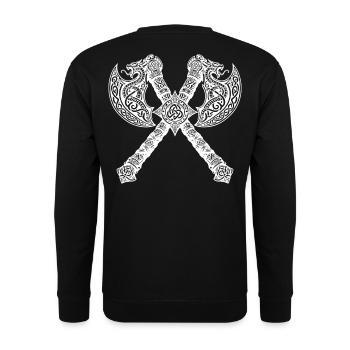 Gekreuzte Wikingeräxte mit Drachendetails - Unisex Pullover - Schwarz - Hinten - Michal (187cm)