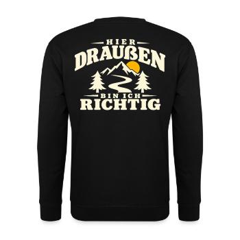 Hier draußen bin ich richtig – Wandern & Berge - Unisex Pullover - Schwarz - Hinten - Michal (187cm)