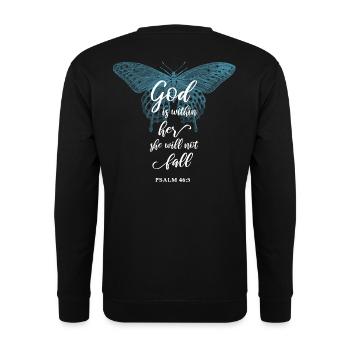 Bibelvers Christlich Religiöser Spruch - Unisex Pullover - Schwarz - Hinten - Alina (178cm)