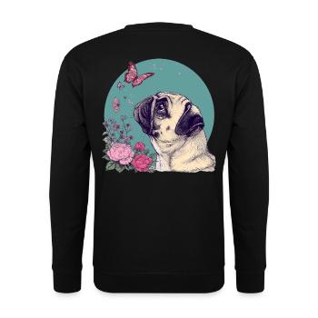 Mops und Schmetterling - Unisex Pullover - Schwarz - Hinten - Alina (178cm)