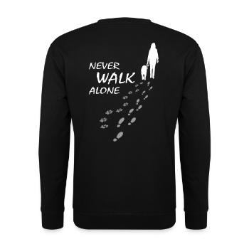 Never walk alone - Hund Frauchen Gassi, Backprint - Unisex Pullover - Schwarz - Hinten - Michal (187cm)