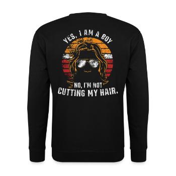 Ja, ich bin ein Junge. Nein, ich schneide mir nicht die Haare. - Unisex Pullover - Schwarz - Hinten - Michal (187cm)