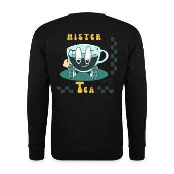 T-Shirt Mister Tea mit Retro-Logo - Unisex Pullover - Schwarz - Hinten - Alina (178cm)