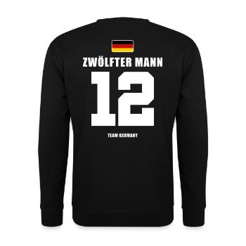 Deutschland Fussball 12 Zwölfter Mann Fußball - Unisex Pullover - Schwarz - Hinten - Michal (187cm)