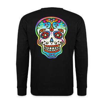 Totenkopf Sugar Skull Bunt Musik Festival Blumen - Unisex Pullover - Schwarz - Hinten - Alina (178cm)