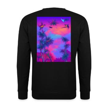 Synthwave Tropischer Vogel Paridise - Unisex Pullover - Schwarz - Hinten - Alina (178cm)