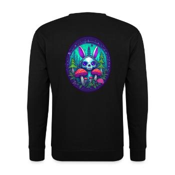 Psychedelischer Hase mit verzauberten Pilzen - Unisex Pullover - Schwarz - Hinten - Alina (178cm)