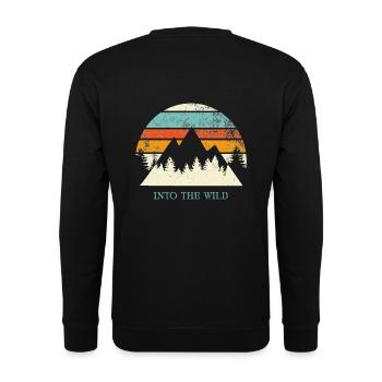 Into the wild Spruch Sprüche Retro Berge Outdoor - Unisex Pullover - Schwarz - Hinten - Alina (178cm)