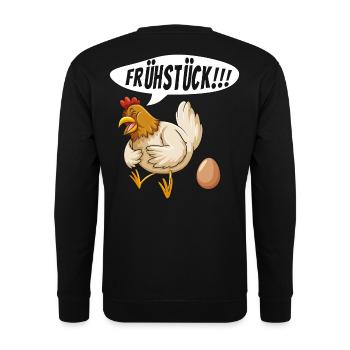 Huhn Ei Frühstück Fun - Unisex Pullover - Schwarz - Hinten - Alina (178cm)