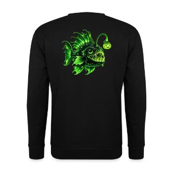 Grüner biolumineszenter Laternenfisch - Unisex Pullover - Schwarz - Hinten - Michal (187cm)