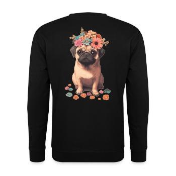 Mops mit Blumen - Unisex Pullover - Schwarz - Hinten - Alina (178cm)