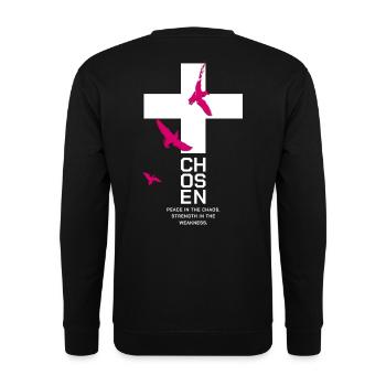 CHOSEN Kreuz Tauben Pink Weiß Peace - Unisex Pullover - Schwarz - Hinten - Michal (187cm)