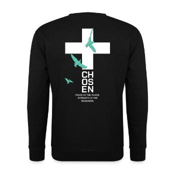 CHOSEN Kreuz Tauben Weiß Peace Chaos - Unisex Pullover - Schwarz - Hinten - Michal (187cm)