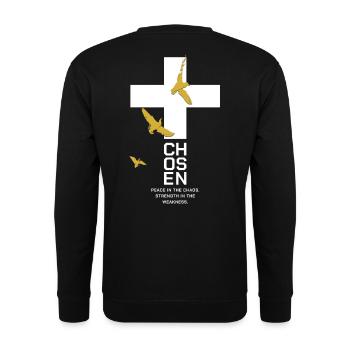 CHOSEN Kreuz Tauben Gold Weiß Peace - Unisex Pullover - Schwarz - Hinten - Michal (187cm)