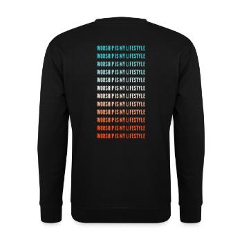 WORSHIP IS MY LIFESTYLE - Unisex Pullover - Schwarz - Hinten - Alina (178cm)