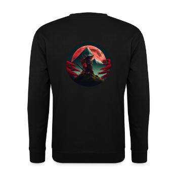 Samurai japanischer Baum vor Berg mit rotem Mond - Unisex Pullover - Schwarz - Hinten - Michal (187cm)