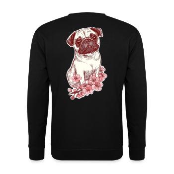 Mops mit Blüten - Unisex Pullover - Schwarz - Hinten - Alina (178cm)