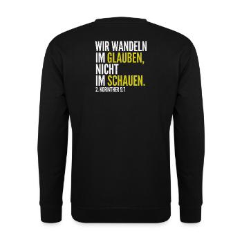 Wir wandeln im Glauben – 2. Korinther 5,7 - Unisex Pullover - Schwarz - Hinten - Michal (187cm)
