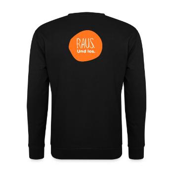 Raus. Und los. – Outdoor Design in Orange - Unisex Pullover - Schwarz - Hinten - Alina (178cm)