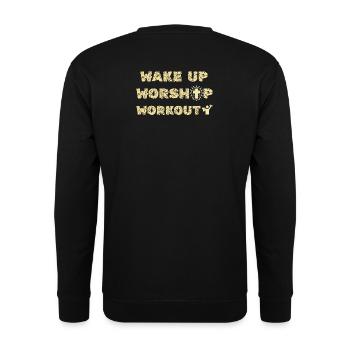 Weck auf, Gottesdienst-Workout, Motivation im christlichen Fitnessstudio - Unisex Pullover - Schwarz - Hinten - Michal (187cm)