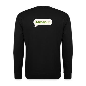 Atmen hilft – Achtsamkeitsspruch in Moosgrün - Unisex Pullover - Schwarz - Hinten - Alina (178cm)