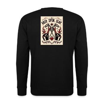 Grip Spin Slay Heeled Tattoo - Unisex Pullover - Schwarz - Hinten - Michal (187cm)
