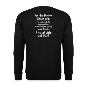 An die Person hinter mir: Du bist wertvoll Spruch - Unisex Pullover - Schwarz - Hinten - Michal (187cm)