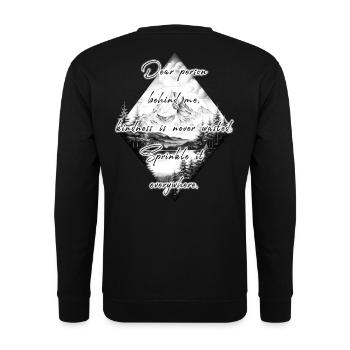 Spruch für die Person Hinter Dir Freundlichkeit - Unisex Pullover - Schwarz - Hinten - Alina (178cm)
