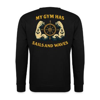 Mein Fitnessstudio Hat Segel Und Wellen Kapitän - Unisex Pullover - Schwarz - Hinten - Alina (178cm)