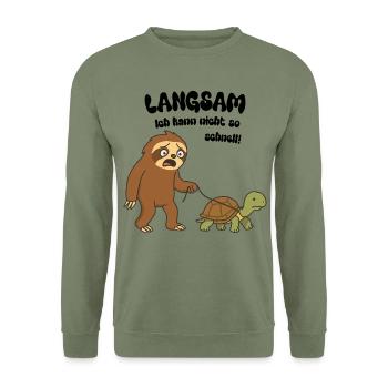 Faultier & Schildkröte - Langsam, nicht so schnell - Unisex Pullover - Armeegrün - Vorne - Alina (178cm) & Michal (187cm)