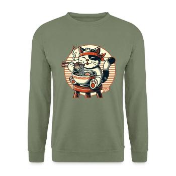 Ramen essen, glückliche Katze - Unisex Pullover - Armeegrün - Vorne - Alina (178cm) & Michal (187cm)