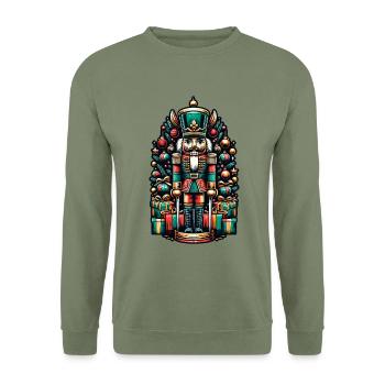 Weihnachtlicher Nussknacker Mit Geschenken - Unisex Pullover - Armeegrün - Vorne - Alina (178cm) & Michal (187cm)