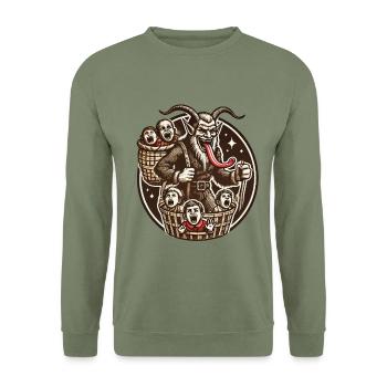 Krampus Mit Unartigen Kindern Weihnachtliches - Unisex Pullover - Armeegrün - Vorne - Alina (178cm) & Michal (187cm)